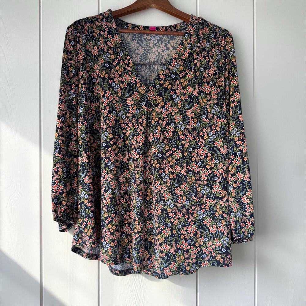 Vince Camuto Women's Navy Floral V-Neck Ruffle Knit Stretch Blouse Size XL